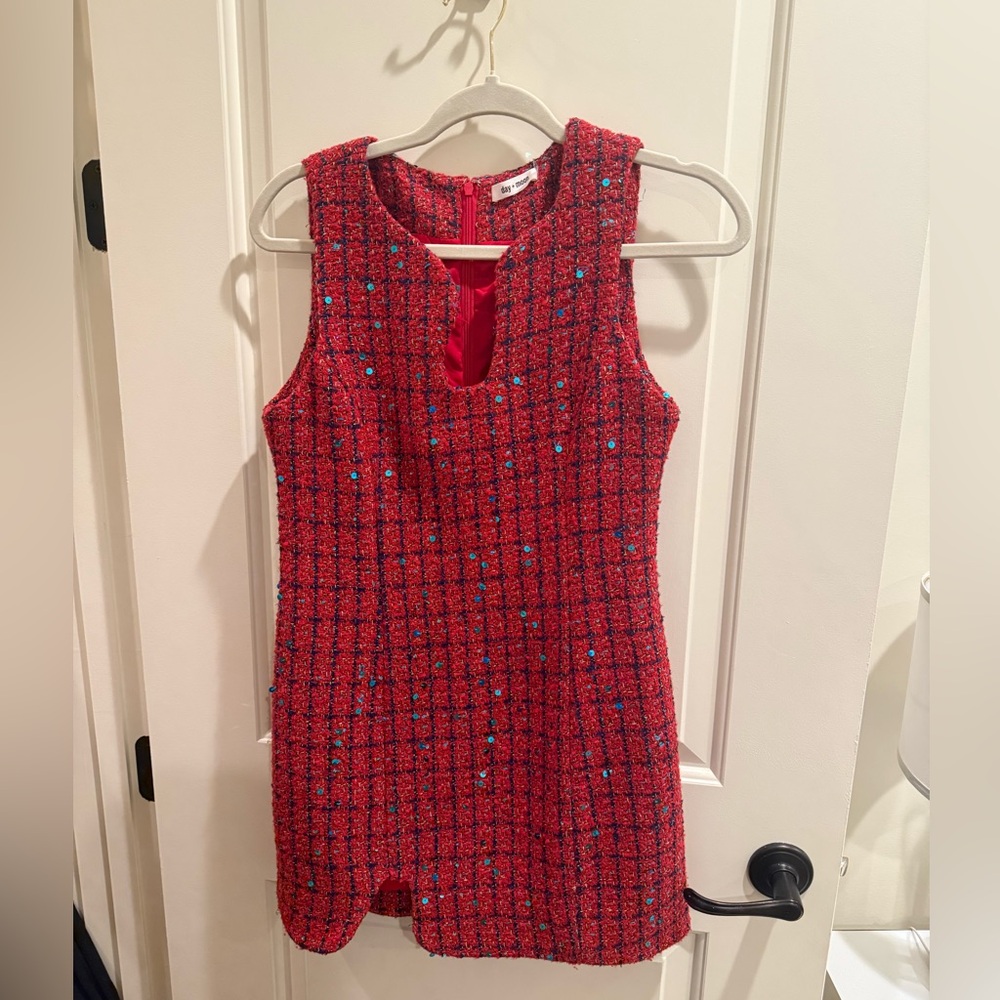 Chic Red Tweed Dress with Blue Accents